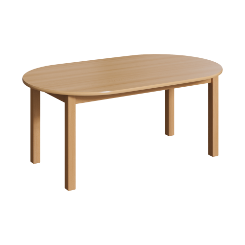 Ovaltisch mit Massivholzgestell und Schichtstoffplatte