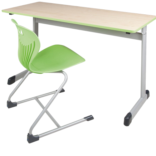 Zweier-Schülertisch 130x65 cm Modell T, HPL-Tischplatte mit Massivholz Einleimer