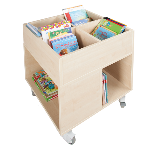 Bücherkiste CuBe, 4 Fächern auf der Oberseite, 4 Fächer seitlich, fahrbar